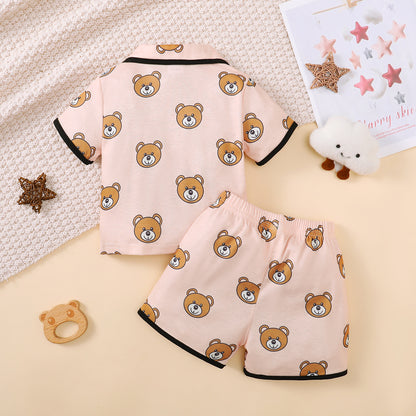 2PCS Pajama Set, Cartoon Cute Pattern Short Sleeved Top, Shorts, Comfortable & Soft Summer Home Wear for Baby Boy, Girl