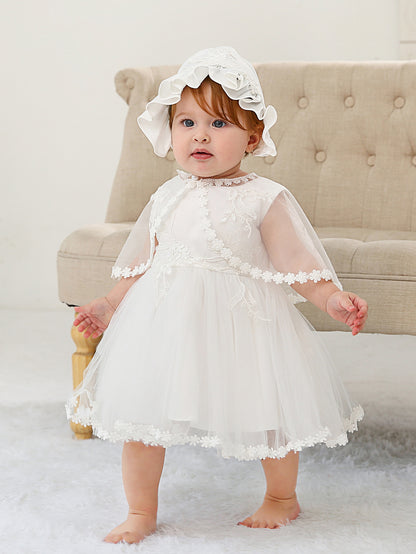Sleeveless Hood Cloak, Dress Set: Soft Satin Floral Embroidered Lace for Wedding Party Princess Baby