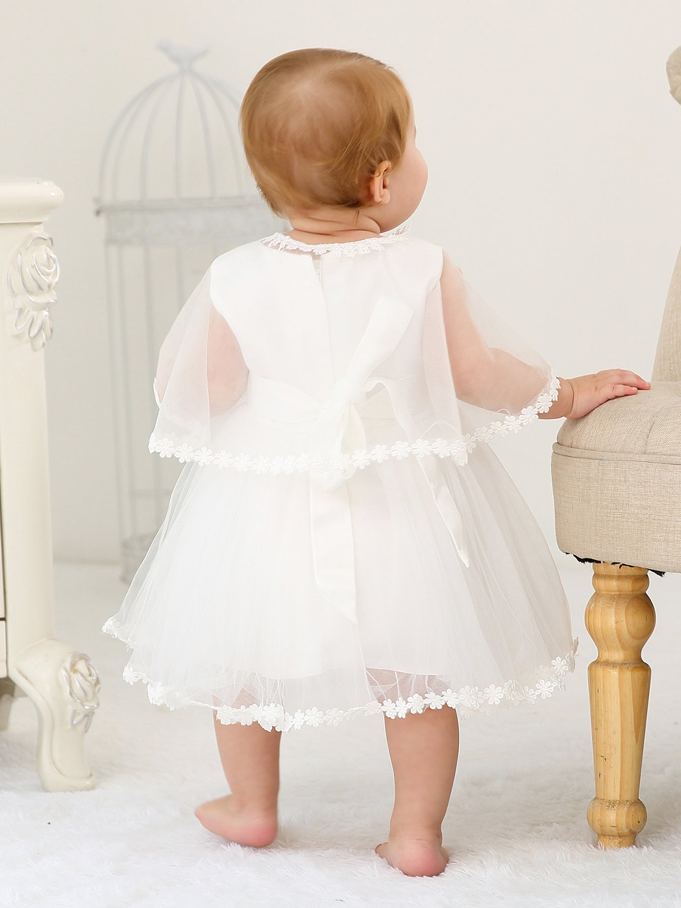 Sleeveless Hood Cloak, Dress Set: Soft Satin Floral Embroidered Lace for Wedding Party Princess Baby
