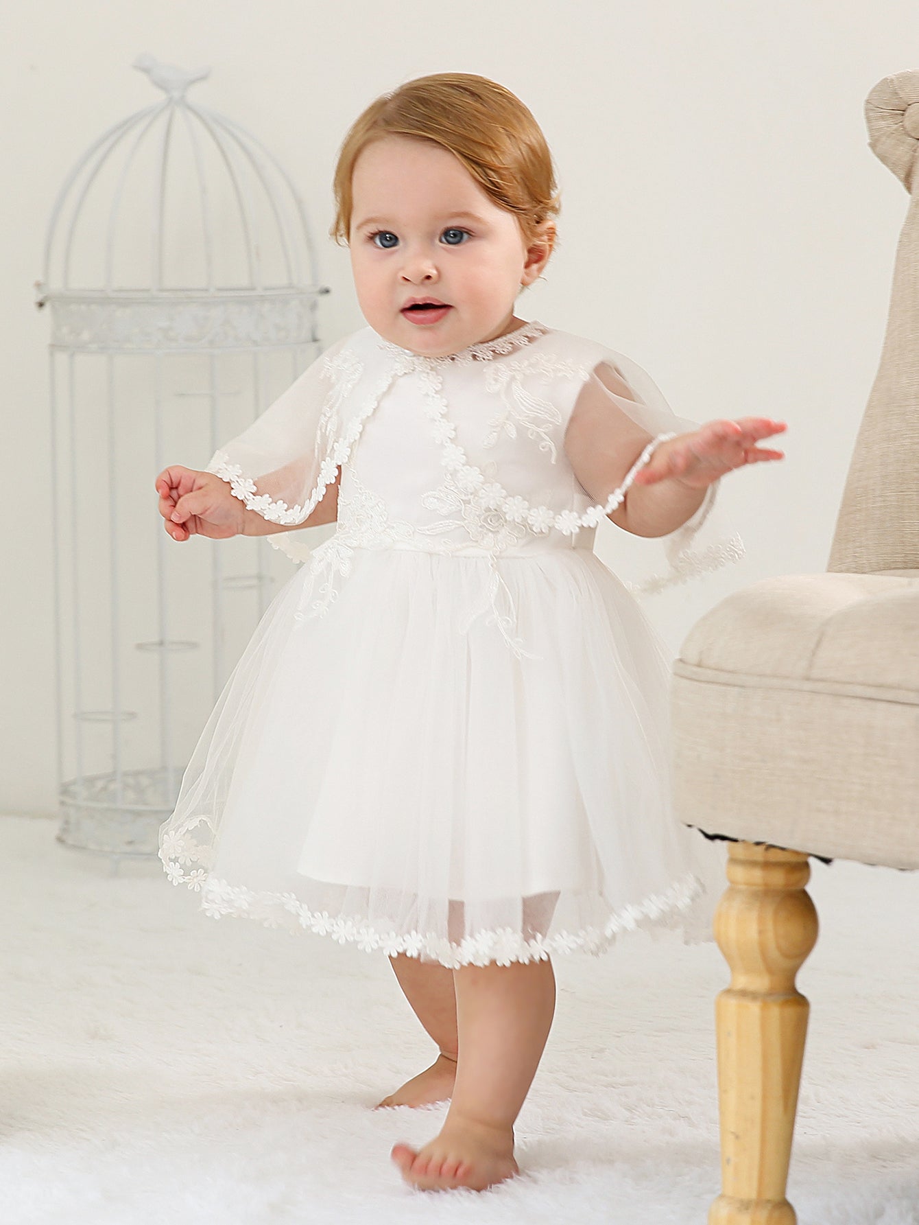 Sleeveless Hood Cloak, Dress Set: Soft Satin Floral Embroidered Lace for Wedding Party Princess Baby