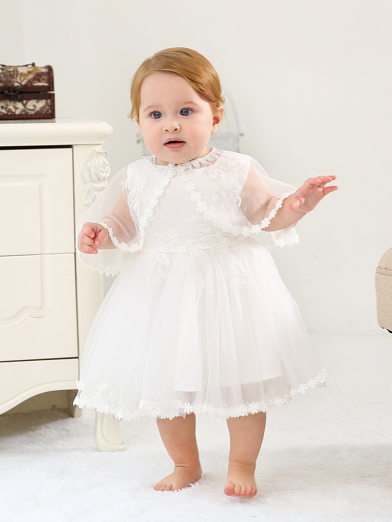 Sleeveless Hood Cloak, Dress Set: Soft Satin Floral Embroidered Lace for Wedding Party Princess Baby