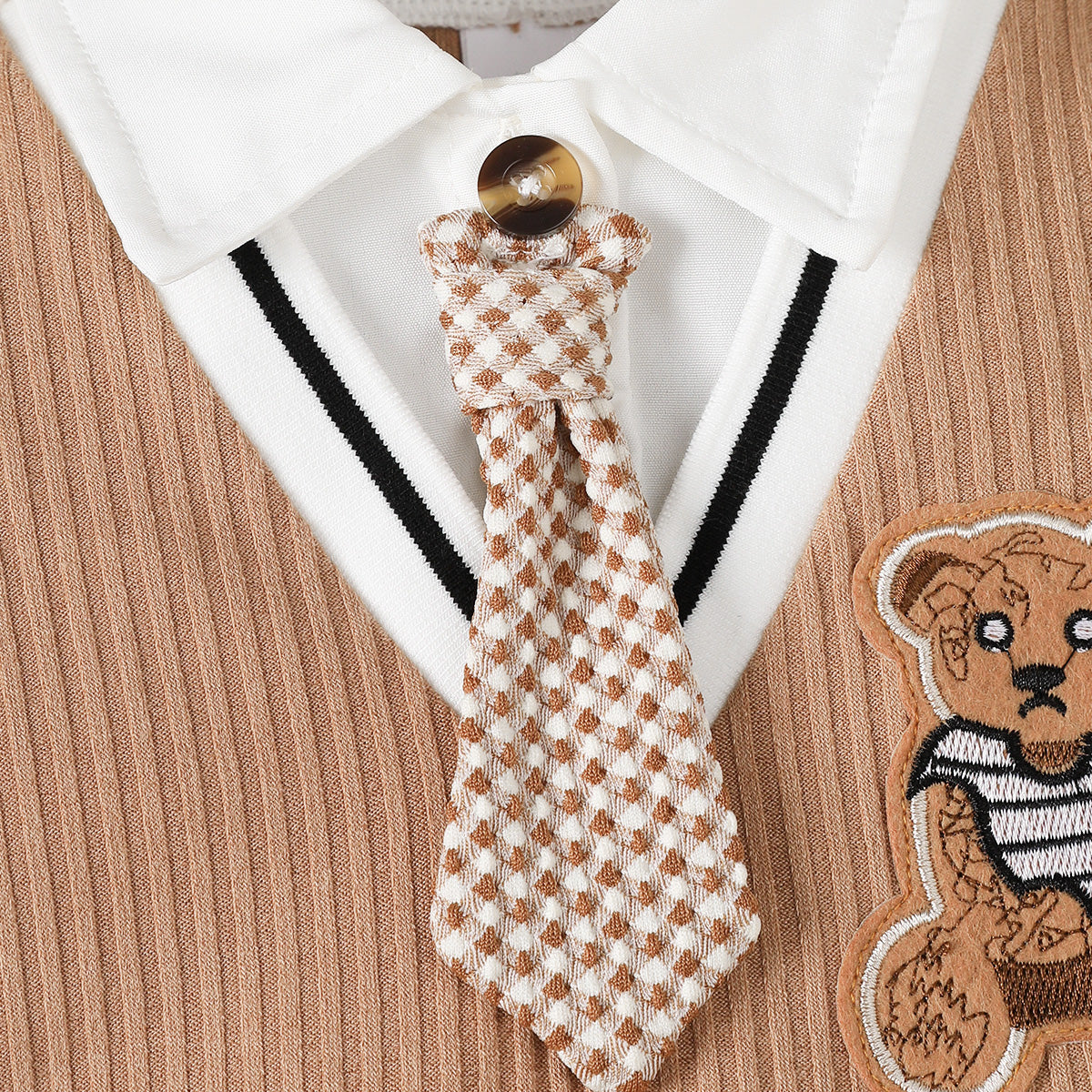 Baby Boy Jumpsuit, Collar Cartoon Teddy Bear Short Brown Jumpsuit for Birthday Party & Photo Shoots