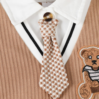 Baby Boy Jumpsuit, Collar Cartoon Teddy Bear Short Brown Jumpsuit for Birthday Party & Photo Shoots