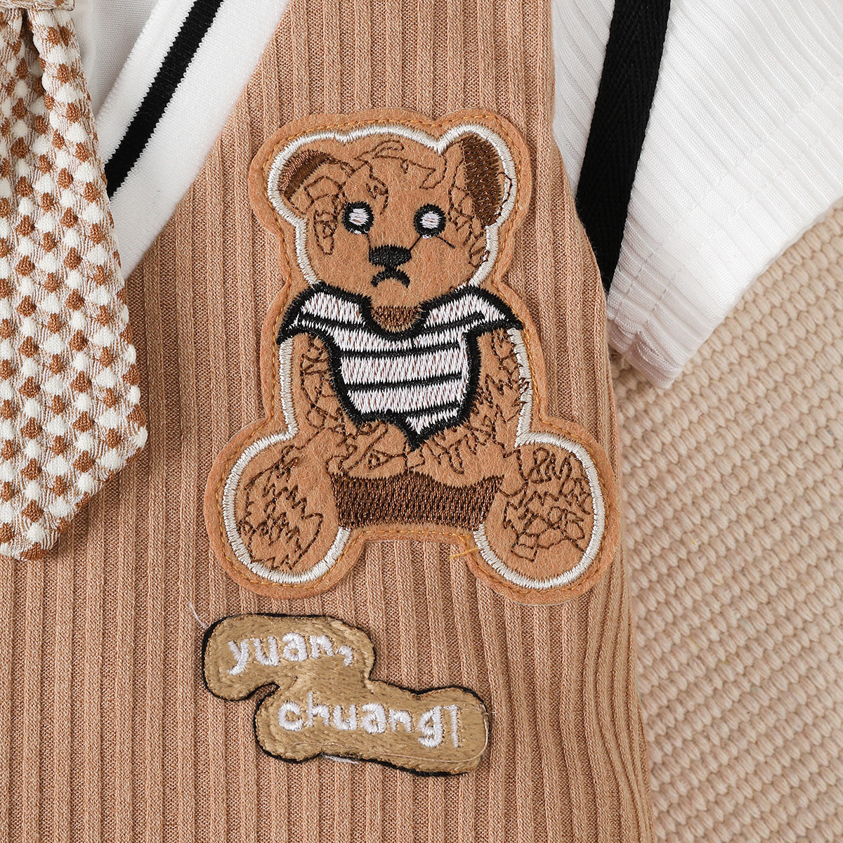 Baby Boy Jumpsuit, Collar Cartoon Teddy Bear Short Brown Jumpsuit for Birthday Party & Photo Shoots