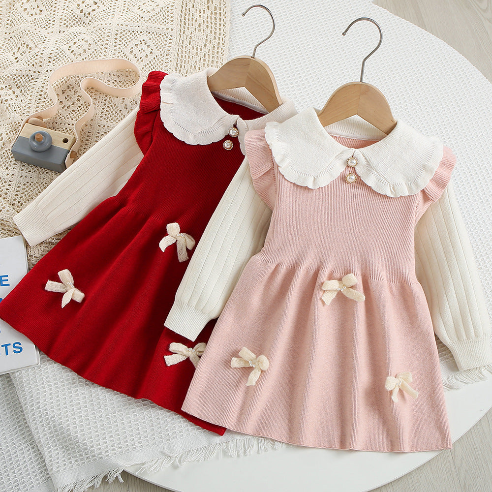 Autumn Kids Girls Princess Dress with 3D Bear Bow, Korea Style Red Spliced Sweater Dress for Toddlers