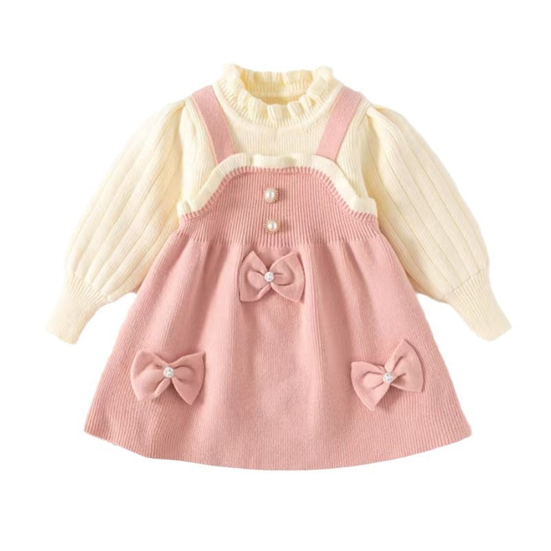Autumn Kids Girls Princess Dress with 3D Bear Bow, Korea Style Red Spliced Sweater Dress for Toddlers