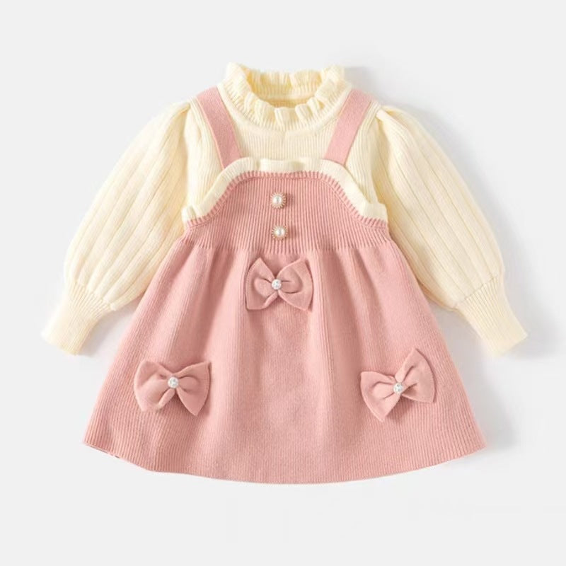 Autumn Kids Girls Princess Dress with 3D Bear Bow, Korea Style Red Spliced Sweater Dress for Toddlers