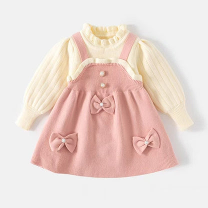 Autumn Kids Girls Princess Dress with 3D Bear Bow, Korea Style Red Spliced Sweater Dress for Toddlers