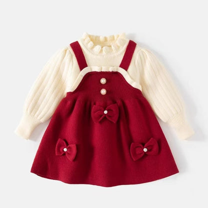 Autumn Kids Girls Princess Dress with 3D Bear Bow, Korea Style Red Spliced Sweater Dress for Toddlers