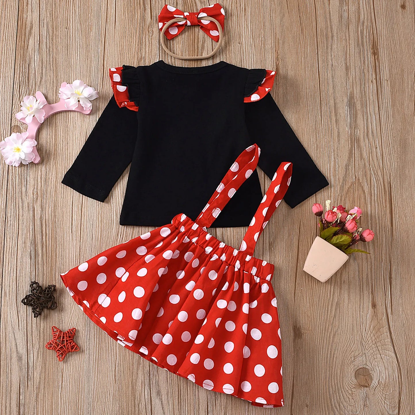 Minnie Mouse Dress Outfit for Girls 1-5 Years, Summer Baby Clothing Set with Dots Top, Skirt Headband