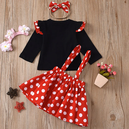 Minnie Mouse Dress Outfit for Girls 1-5 Years, Summer Baby Clothing Set with Dots Top, Skirt Headband