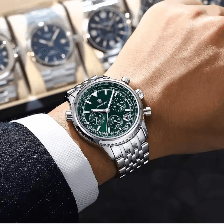 POEDAGAR Luxury Mens Chronograph Watch Stainless Steel Waterproof Design
