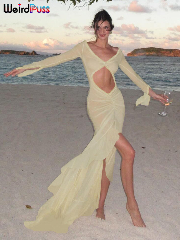 Weird Puss Sexy Sheer Womens Dress Elegant Hollow VNeck With Long Sleeves Ruffles Lace  Ruched Body 4