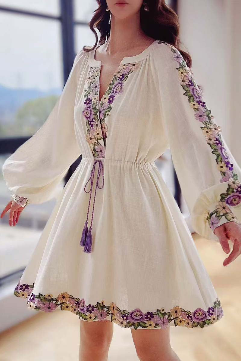 Spring Embroidery Dress, Womens Chiffon Dress with Lantern Sleeves Beach Style Knee Length Skirt Fashion