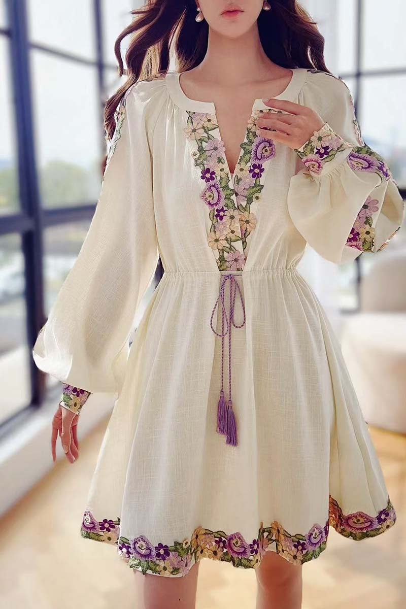 Spring Embroidery Dress, Womens Chiffon Dress with Lantern Sleeves Beach Style Knee Length Skirt Fashion