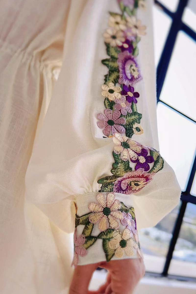 Spring Embroidery Dress, Womens Chiffon Dress with Lantern Sleeves Beach Style Knee Length Skirt Fashion