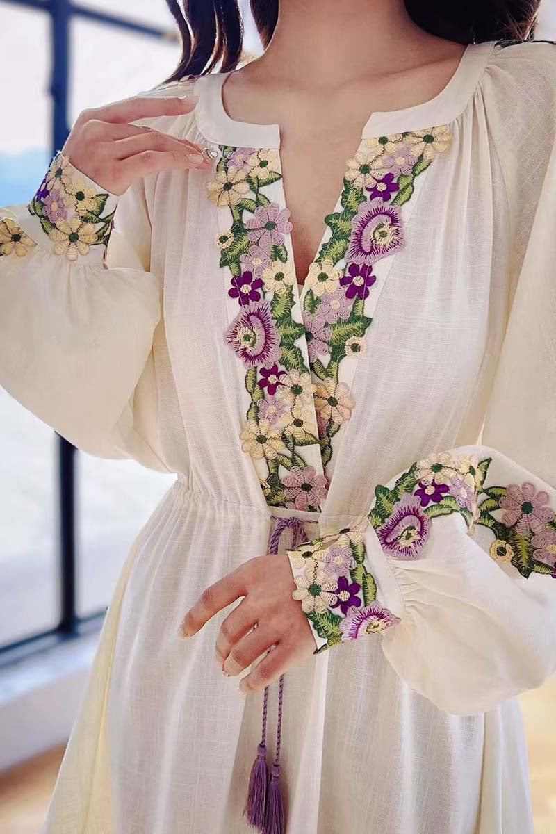 Spring Embroidery Dress, Womens Chiffon Dress with Lantern Sleeves Beach Style Knee Length Skirt Fashion