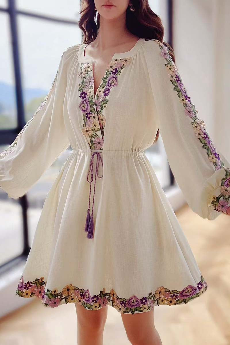 Spring Embroidery Dress, Womens Chiffon Dress with Lantern Sleeves Beach Style Knee Length Skirt Fashion