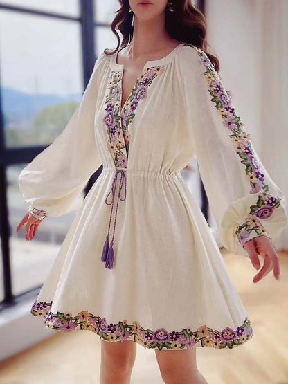 Spring Embroidery Dress, Womens Chiffon Dress with Lantern Sleeves Beach Style Knee Length Skirt Fashion