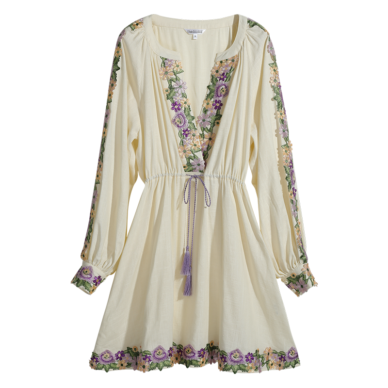Spring Embroidery Dress, Womens Chiffon Dress with Lantern Sleeves Beach Style Knee Length Skirt Fashion