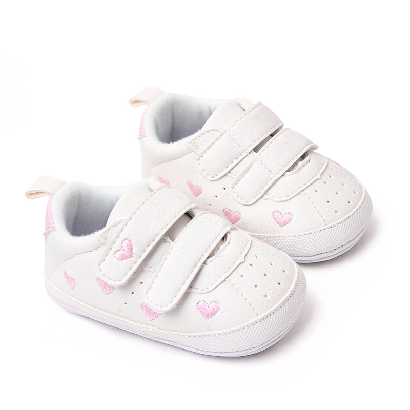 Baby White PU Sneaker Non-slip for Toddler Boys and Girls, Comfortable Soft Sole with Embroidered Stars and Hearts