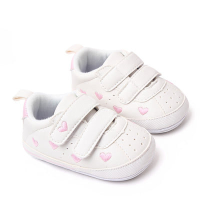 Baby White PU Sneaker Non-slip for Toddler Boys and Girls, Comfortable Soft Sole with Embroidered Stars and Hearts