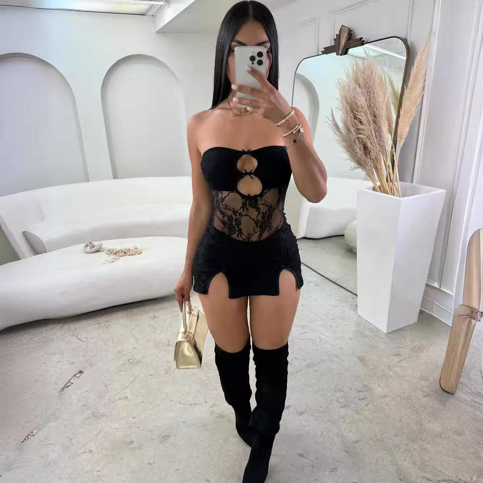 Women's Summer Y2K Tube Dress, Sleeveless Off-Shoulder Bodycon with Sheer Floral Lace, Bust Cutout Through Slim Fit