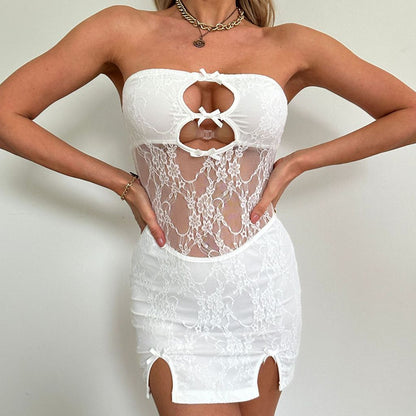 Women's Summer Y2K Tube Dress, Sleeveless Off-Shoulder Bodycon with Sheer Floral Lace, Bust Cutout Through Slim Fit