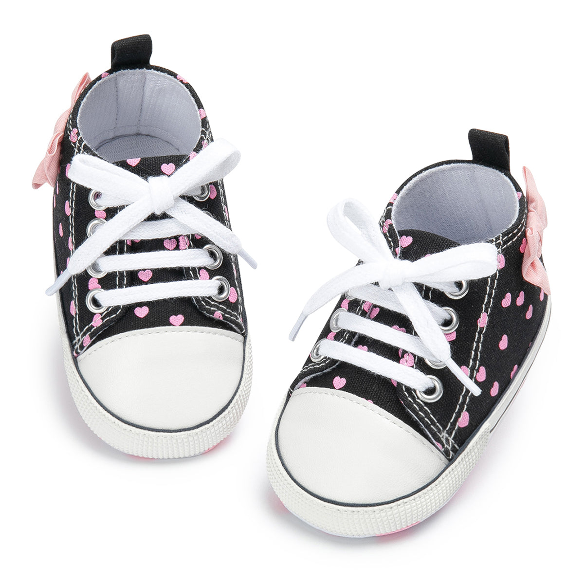 Fashion Bowknot Heart Print Newborn Baby Girls Shoes, Classic Canvas High Tops Sneakers with Soft Anti-Slip Sole
