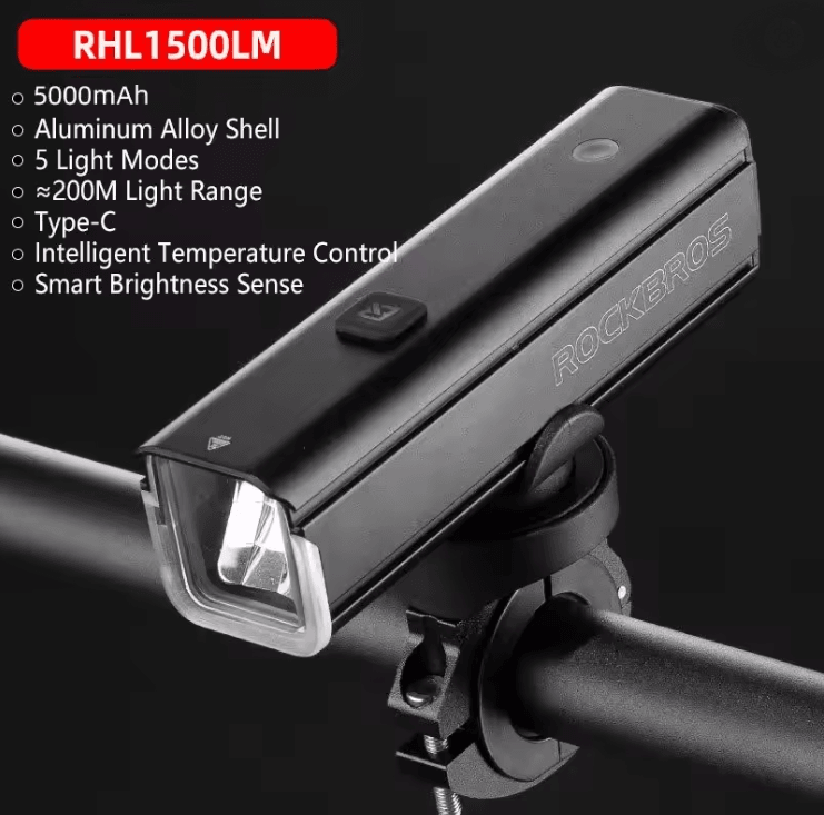 ROCKBROS 1500 Lumen Bike Headlight USB Rechargeable Waterproof Front Lamp 3