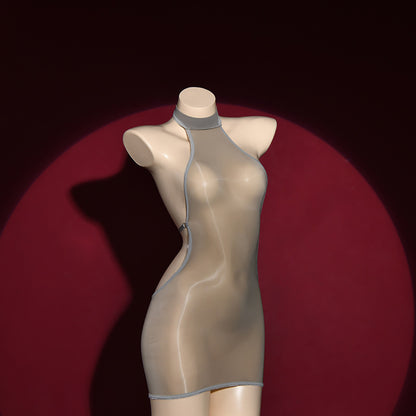 Sexy Backless Bodycon Dress, Oil Glossy Shiny Elastic Bandage Micro Mini Dress with Sheer