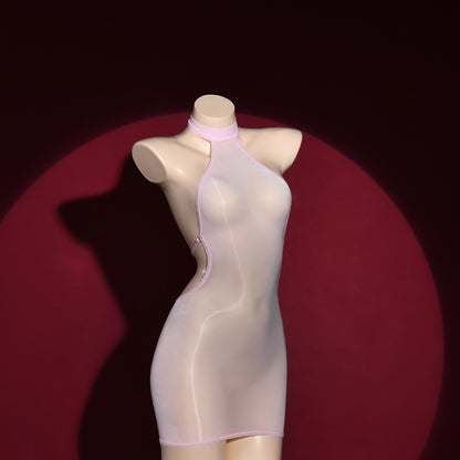 Sexy Backless Bodycon Dress, Oil Glossy Shiny Elastic Bandage Micro Mini Dress with Sheer