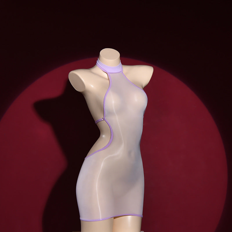 Sexy Backless Bodycon Dress, Oil Glossy Shiny Elastic Bandage Micro Mini Dress with Sheer