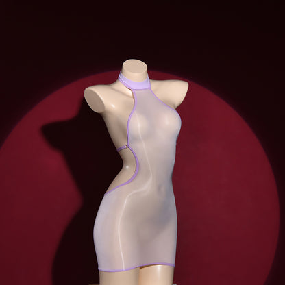 Sexy Backless Bodycon Dress, Oil Glossy Shiny Elastic Bandage Micro Mini Dress with Sheer
