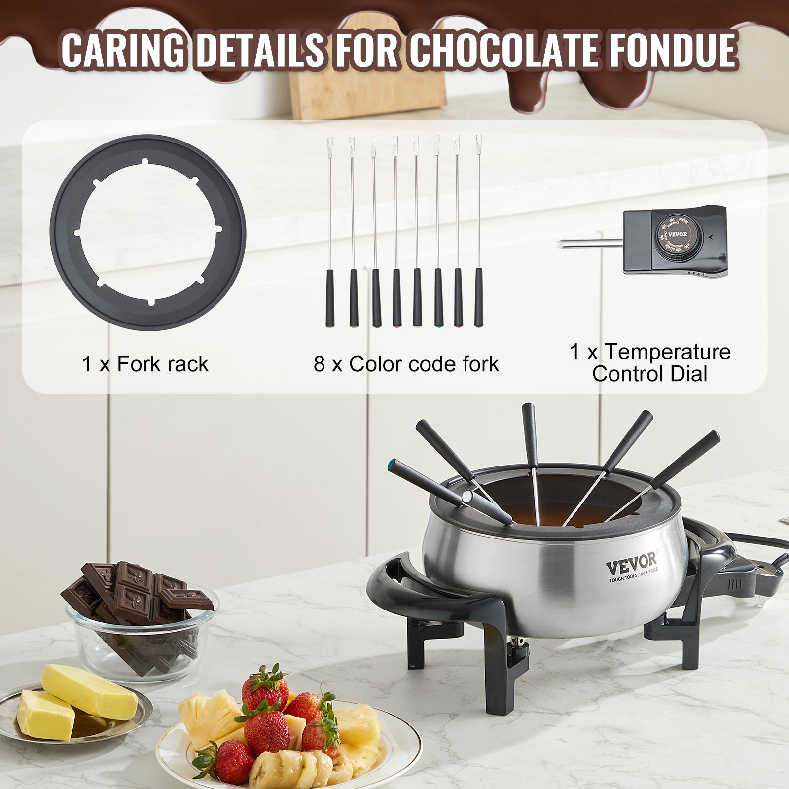 SucceBuy Electric Fondue Pot Set for Cheese & Chocolate, 3 Quart Steel Melting, Fondue Pot with Temperature Control