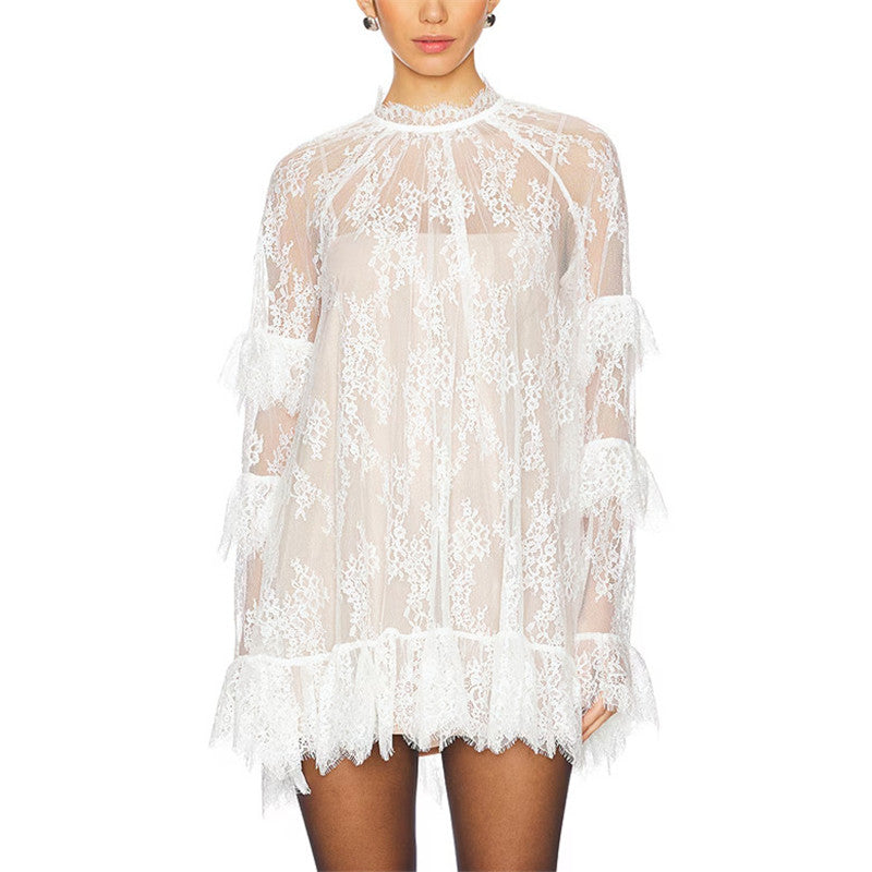 Hirigin Women's Floral Lace Sheer Dress, Sexy See Through Mesh Long Sleeve Mini Dress with High Neck for Cocktail Party