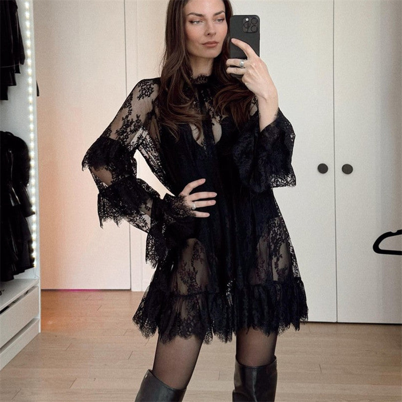 Hirigin Women's Floral Lace Sheer Dress, Sexy See Through Mesh Long Sleeve Mini Dress with High Neck for Cocktail Party