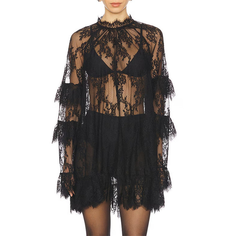 Hirigin Women's Floral Lace Sheer Dress, Sexy See Through Mesh Long Sleeve Mini Dress with High Neck for Cocktail Party