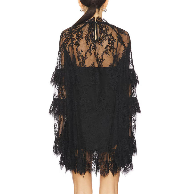 Hirigin Women's Floral Lace Sheer Dress, Sexy See Through Mesh Long Sleeve Mini Dress with High Neck for Cocktail Party