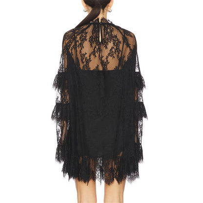 Hirigin Women's Floral Lace Sheer Dress, Sexy See Through Mesh Long Sleeve Mini Dress with High Neck for Cocktail Party