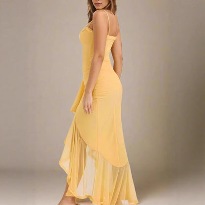 2025 Spring Summer Womens Mesh Camisole Dress with Ruffled Hem, Ruched Sleeveless Party Evening Wear in Flowy Elegant