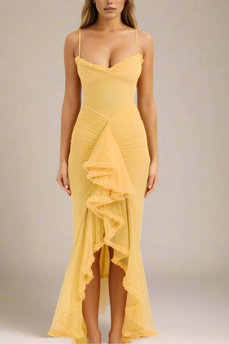 2025 Spring Summer Womens Mesh Camisole Dress with Ruffled Hem, Ruched Sleeveless Party Evening Wear in Flowy Elegant