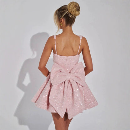 SXTHAENOO Sequins Bow Backless Sexy Mini Dress for Women, High Waist, Club Dress with Square Collar