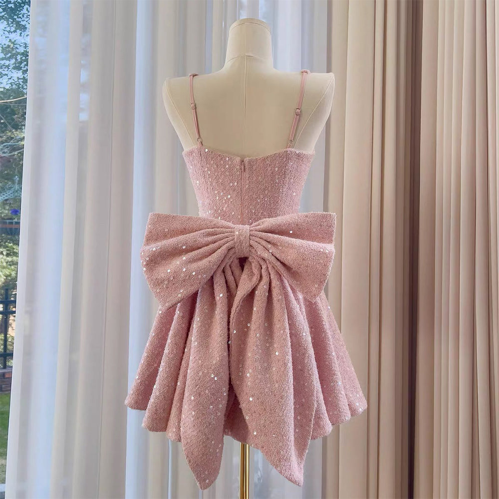 SXTHAENOO Sequins Bow Backless Sexy Mini Dress for Women, High Waist, Club Dress with Square Collar