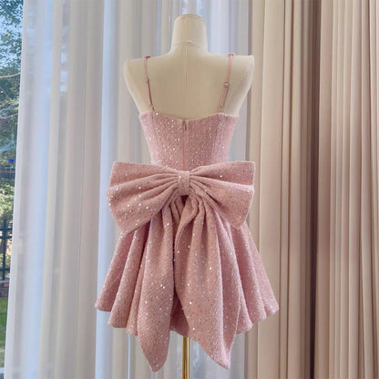SXTHAENOO Sequins Bow Backless Sexy Mini Dress for Women, High Waist, Club Dress with Square Collar