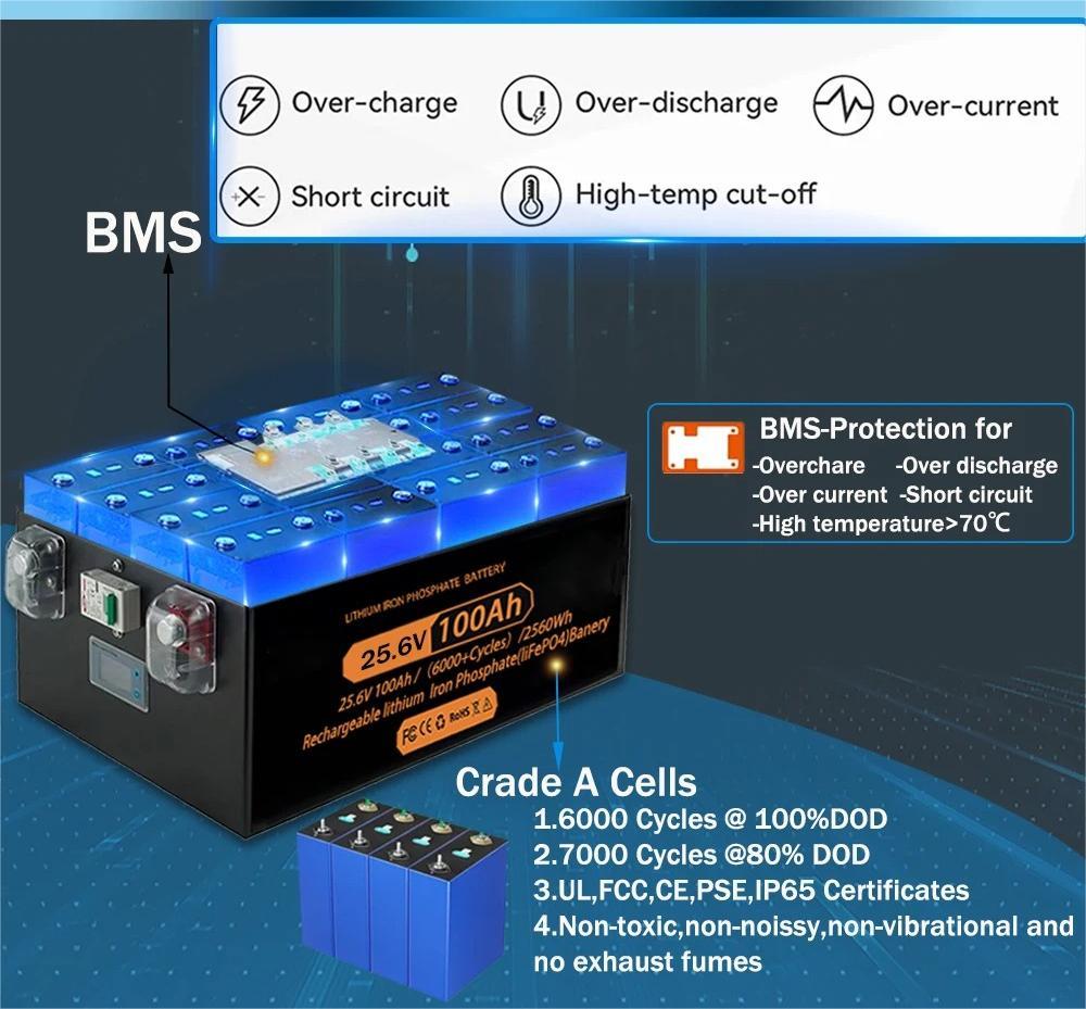 Rechargeable LiFePO4 Lithium Battery with BMS for Solar Inverter and RV Power Storage