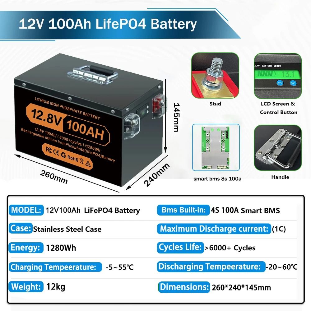 Rechargeable LiFePO4 Lithium Battery With BMS For Solar Inverter And RV Power Storage 3