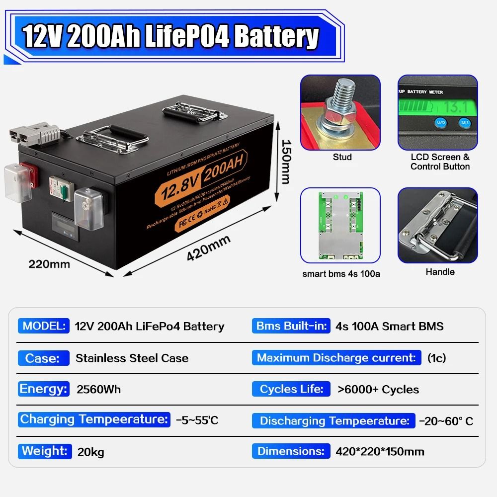 Rechargeable LiFePO4 Lithium Battery With BMS For Solar Inverter And RV Power Storage 4