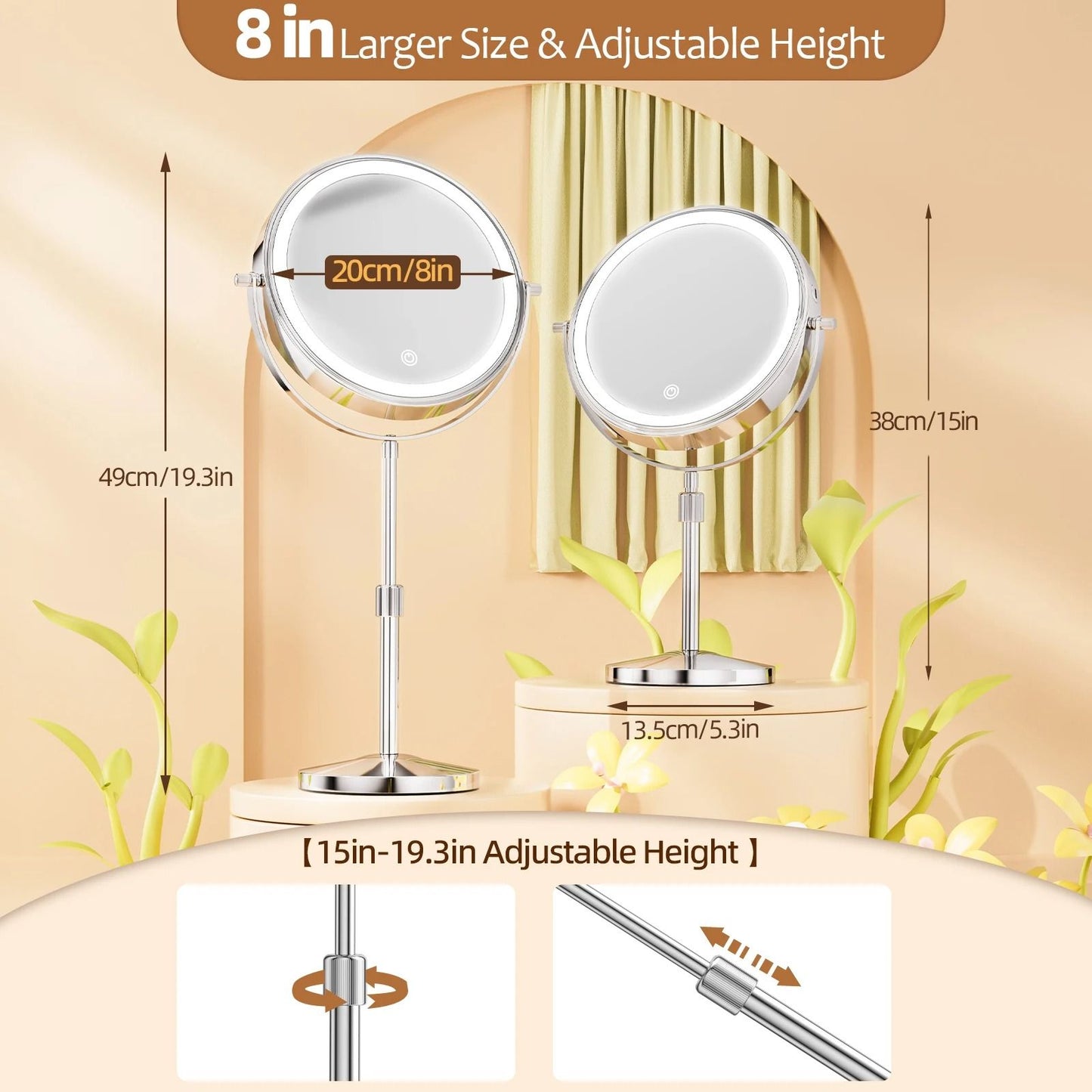Lighted Makeup Mirror 8 Inch with 10X Magnification Adjustable Brightness and Three Color LED Lighting