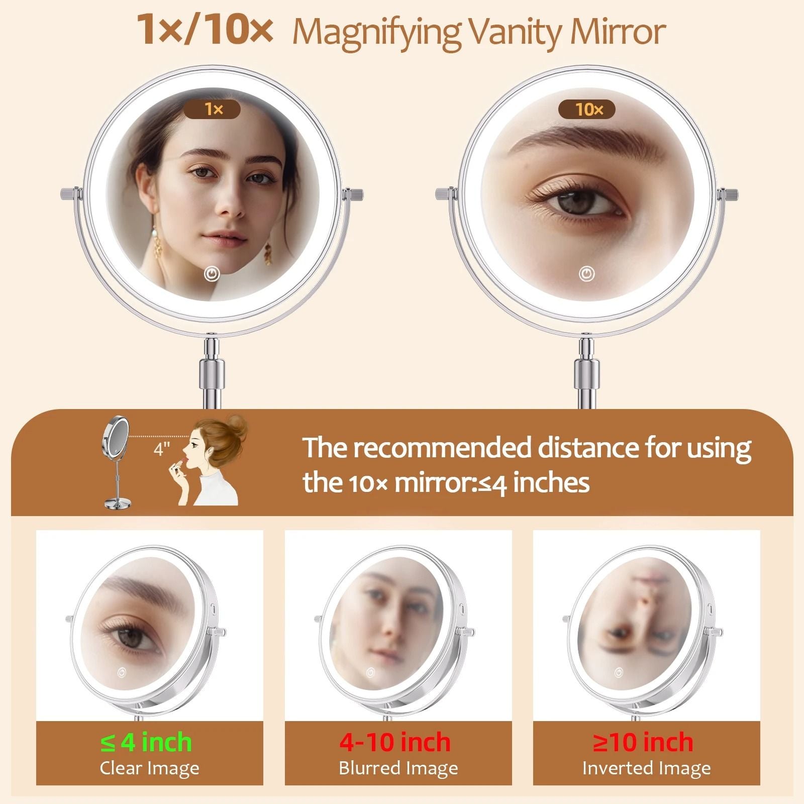 Lighted Makeup Mirror 8 Inch With 10X Magnification Adjustable Brightness And Three Color LED Light 3